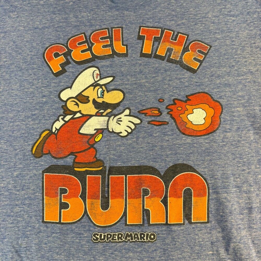 Super Mario Feel The Burn Graphic T-Shirt Mens Large Blue Nintendo Tee